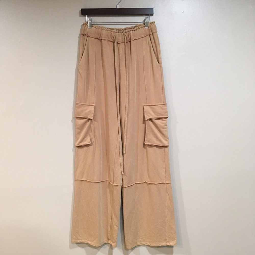 Ces Femme Wide Leg Cargo Sweatpants Womens M Tan Streetwear Lounge Casual Boho